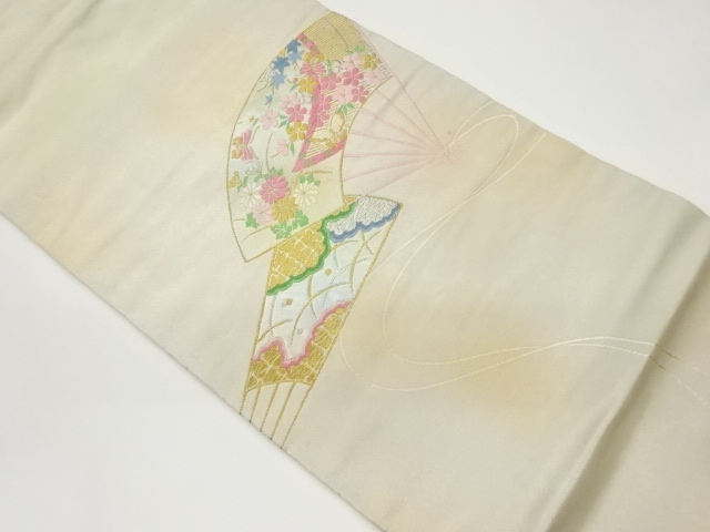 扇子に花々・蝶模様織出し名古屋帯